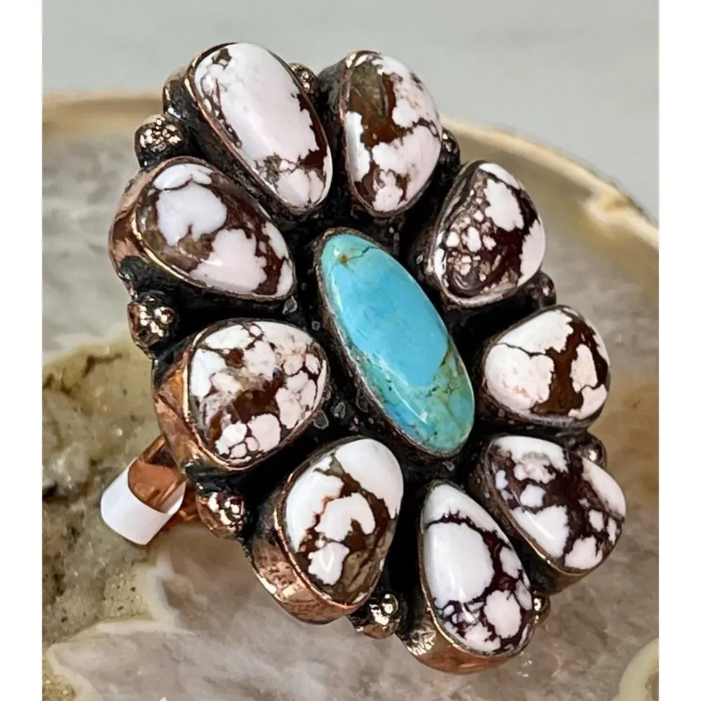 Southwestern Mojave Turquoise Wild Horse Copper Cluster Statement Ring Adjust Sz
